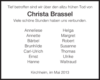 Traueranzeige von Christa Brassel von Hersfeld