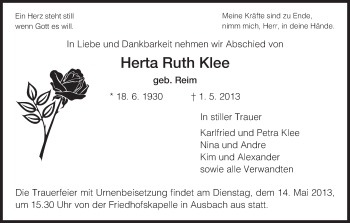 Traueranzeige von Herta Ruth Klee von Hersfeld