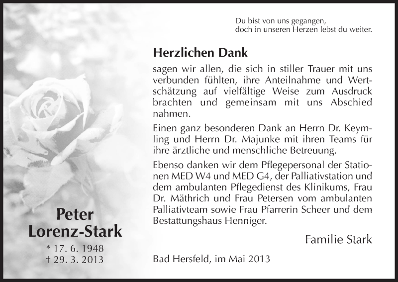  Traueranzeige für Peter Lorenz-Stark vom 18.05.2013 aus Hersfeld