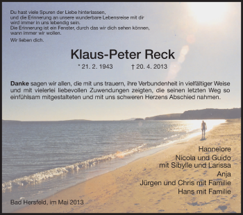 Traueranzeige von Klaus-Peter Reck von Hersfeld