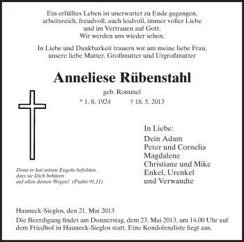 Traueranzeige von Anneliese Rübenstahl von Hersfeld