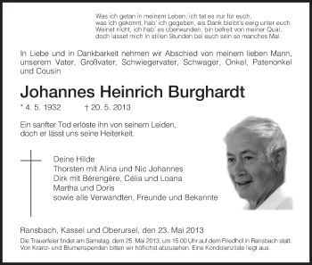 Traueranzeige von Johannes Heinrich Burghardt von Hersfeld