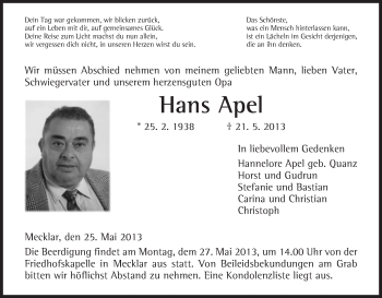 Traueranzeige von Hans Apel von Hersfeld