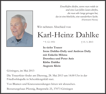 Traueranzeige von Karl-Heinz Dahlke von Hersfeld