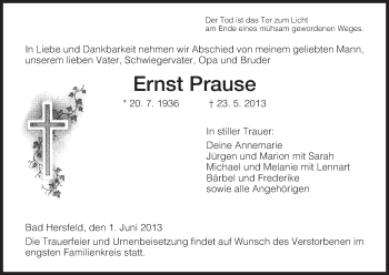Traueranzeige von Ernst Prause von Hersfeld