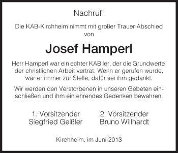 Traueranzeige von Josef Hamperl von Hersfeld