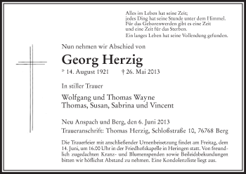 Traueranzeige von Georg Herzig von Hersfeld