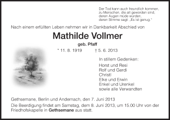 Traueranzeige von Mathilde Vollmer von Hersfeld