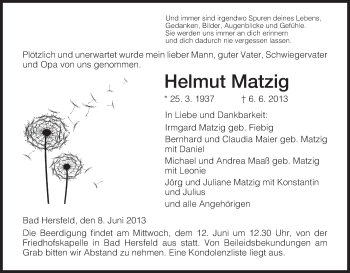 Traueranzeige von Helmut Matzig von Hersfeld