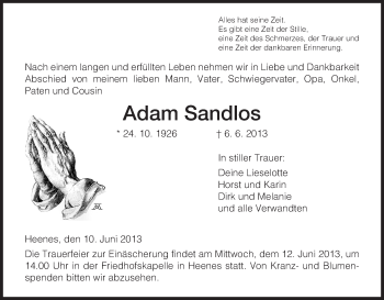 Traueranzeige von Adam Sandlos von Hersfeld