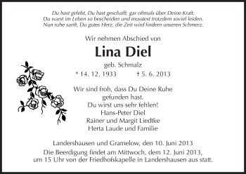 Traueranzeige von Lina Diel von Hersfeld