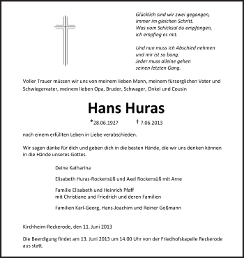 Traueranzeige von Hans Huras von Hersfeld