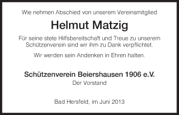 Traueranzeige von Helmut Matzig von Hersfeld