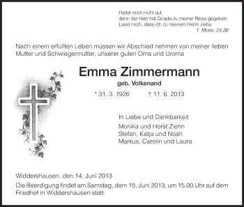 Traueranzeige von Emma Zimmermann von Hersfeld