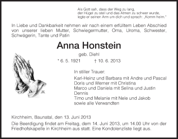 Traueranzeige von Anna Honstein von Hersfeld