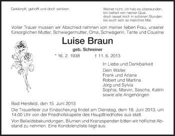 Traueranzeige von Luise Braun von Hersfeld