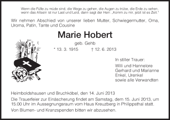 Traueranzeige von Marie Hobert von Hersfeld