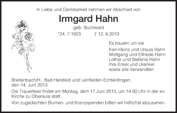 Traueranzeige von Irmgard Hahn von Hersfeld