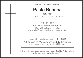 Traueranzeige von Paula Rericha von Hersfeld