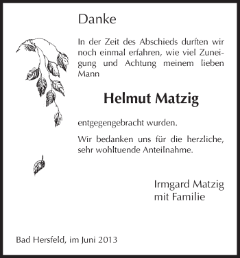 Traueranzeige von Helmut Matzig von Hersfeld