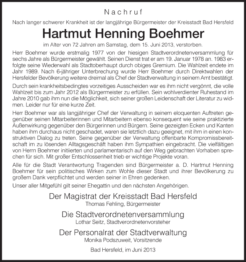  Traueranzeige für Hartmut Henning Boehmer vom 19.06.2013 aus Hersfeld