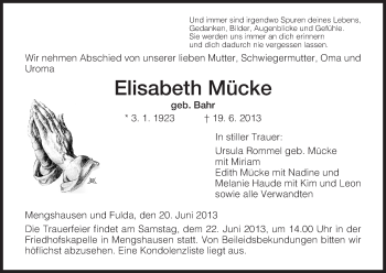 Traueranzeige von Elisabeth Mücke von Hersfeld