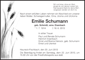 Traueranzeige von Emilie Schumann von Hersfeld