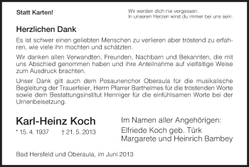 Traueranzeige von Karl-Heinz Koch von Hersfeld