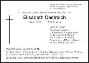 Traueranzeige von Elisabeth Oestreich von Hersfeld