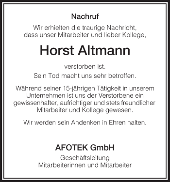 Traueranzeige von Horst Altmann von Hersfeld