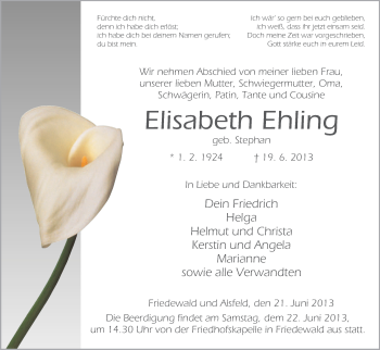Traueranzeige von Elisabeth Ehling von Hersfeld
