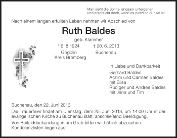 Traueranzeige von Ruth Baldes von Hersfeld