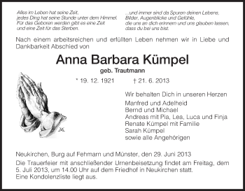 Traueranzeige von Anna Barbara Kümpel von Hersfeld