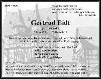 Traueranzeige von Gertrud Eidt von Hersfeld