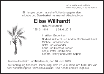 Traueranzeige von Elise Willhardt von Hersfeld