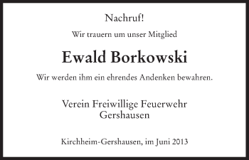 Traueranzeige von Ewald Borkowski von Hersfeld