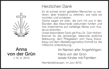 Traueranzeige von Anna von der Grün von Hersfeld