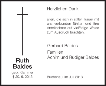 Traueranzeige von Ruth Baldes von Hersfeld