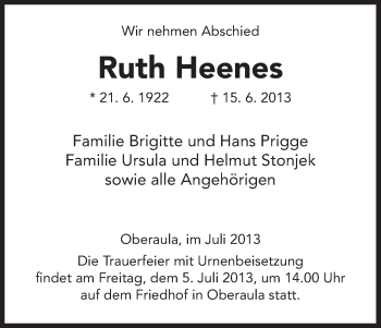 Traueranzeige von Ruth Heenes von Hersfeld