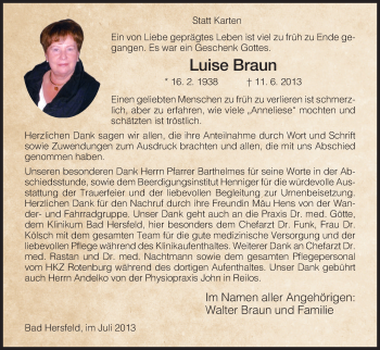 Traueranzeige von Luise Braun von Hersfeld