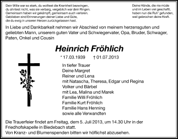 Traueranzeige von Heinrich Fröhlich von Hersfeld