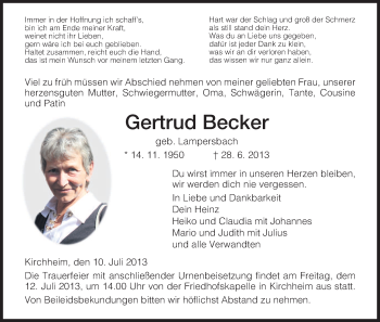 Traueranzeige von Gertrud Becker von Hersfeld