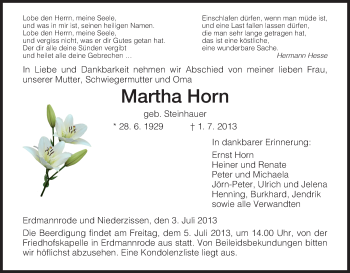 Traueranzeige von Martha Horn von Hersfeld