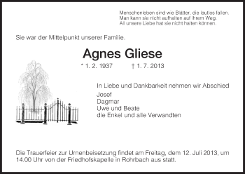 Traueranzeige von Agnes Gliese von Hersfeld