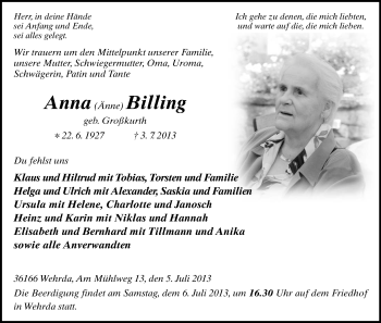 Traueranzeige von Anna Billing von Hersfeld