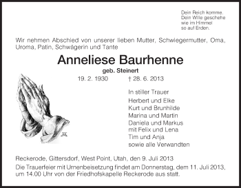 Traueranzeige von Anneliese Baurhenne von Hersfeld