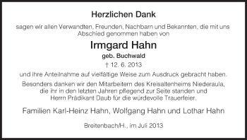 Traueranzeige von Irmgard Hahn von Hersfeld