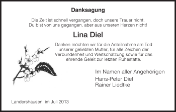 Traueranzeige von Lina Diel von Hersfeld