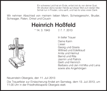 Traueranzeige von Heinrich Hoßfeld von Hersfeld