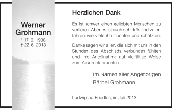 Traueranzeige von Werner Grohmann von Hersfeld